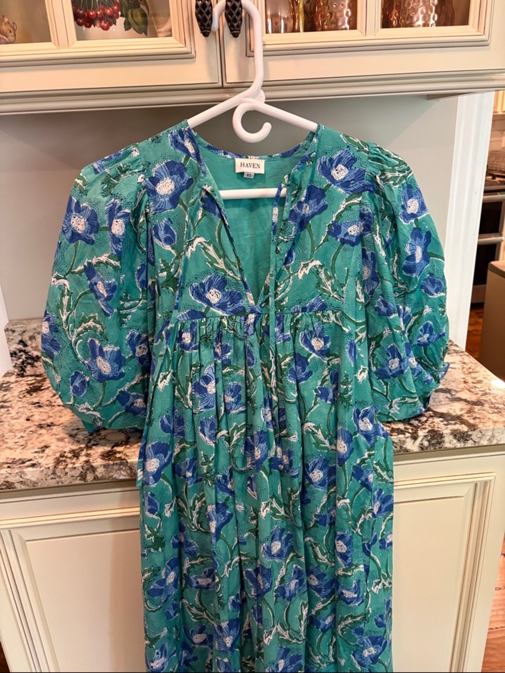 Haven Green Floral Maxi Dress with Blue Blooms 100% cotton - Picture 2 of 4